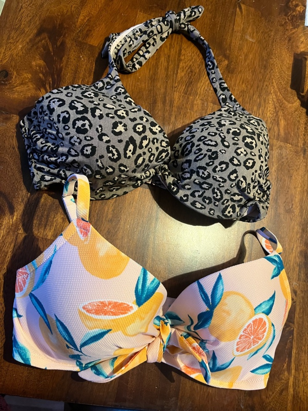 Leopard Print & Citrus Pattern Bikini Tops - Grey Leopard, Peach Citrus